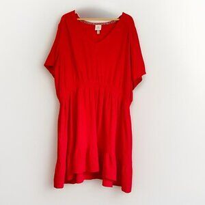 Knox Rose Womens 2X Gauzy Short Sleeve Shirred Midi Dress Red Pockets Relaxed